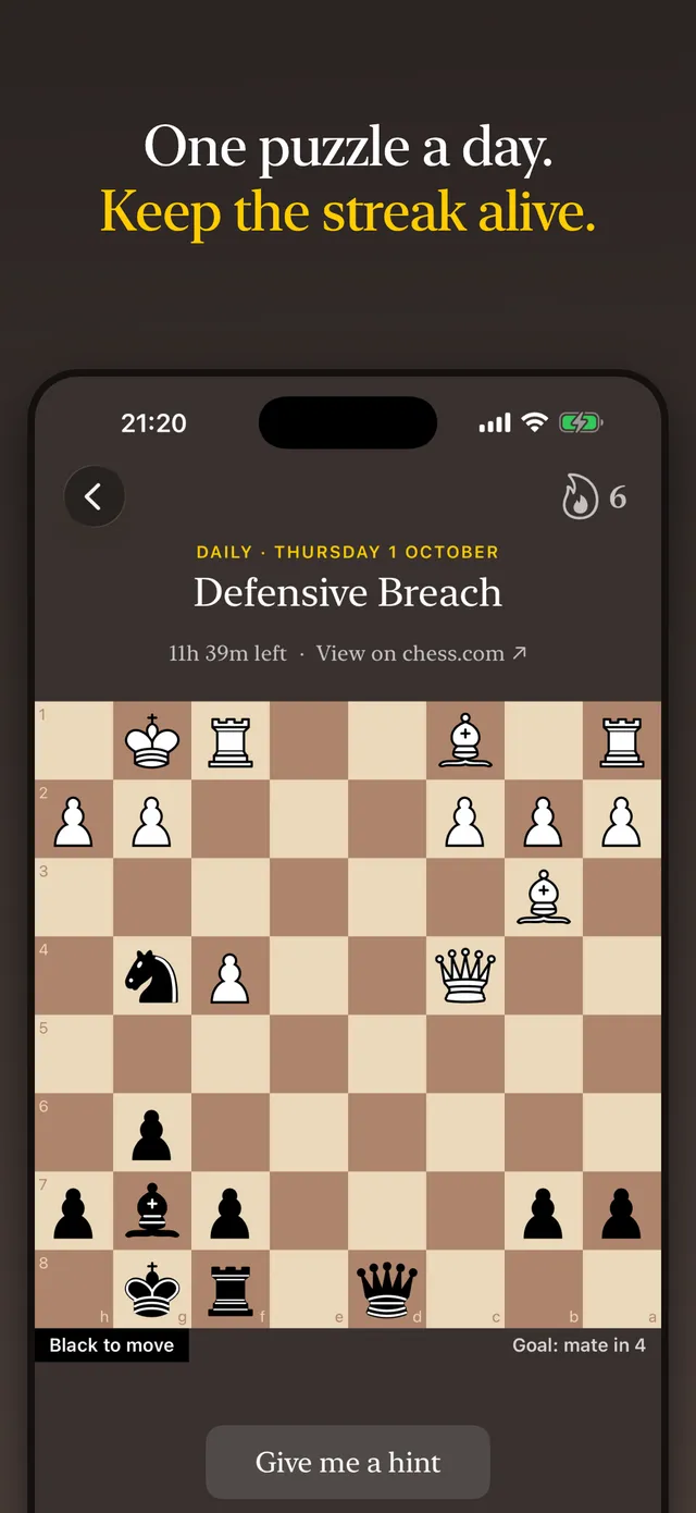 Daily Chess Puzzles store screenshot: the daily puzzle 'Defensive Breach', Black to move and mate in 4, with the streak flame and time left