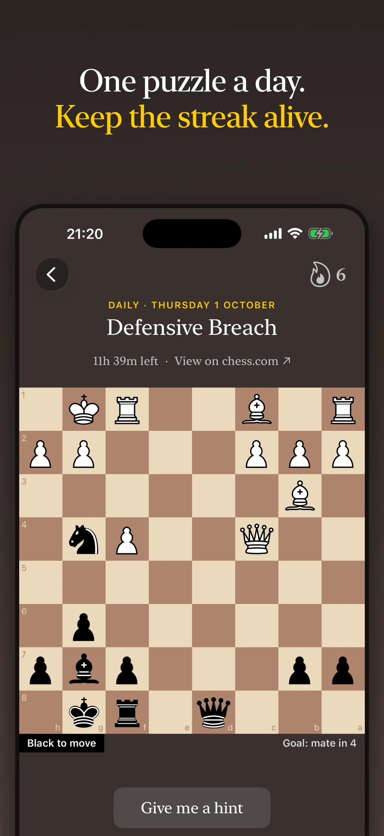 Daily Chess Puzzles store screenshot: the daily puzzle 'Defensive Breach', Black to move and mate in 4, with the streak flame and time left