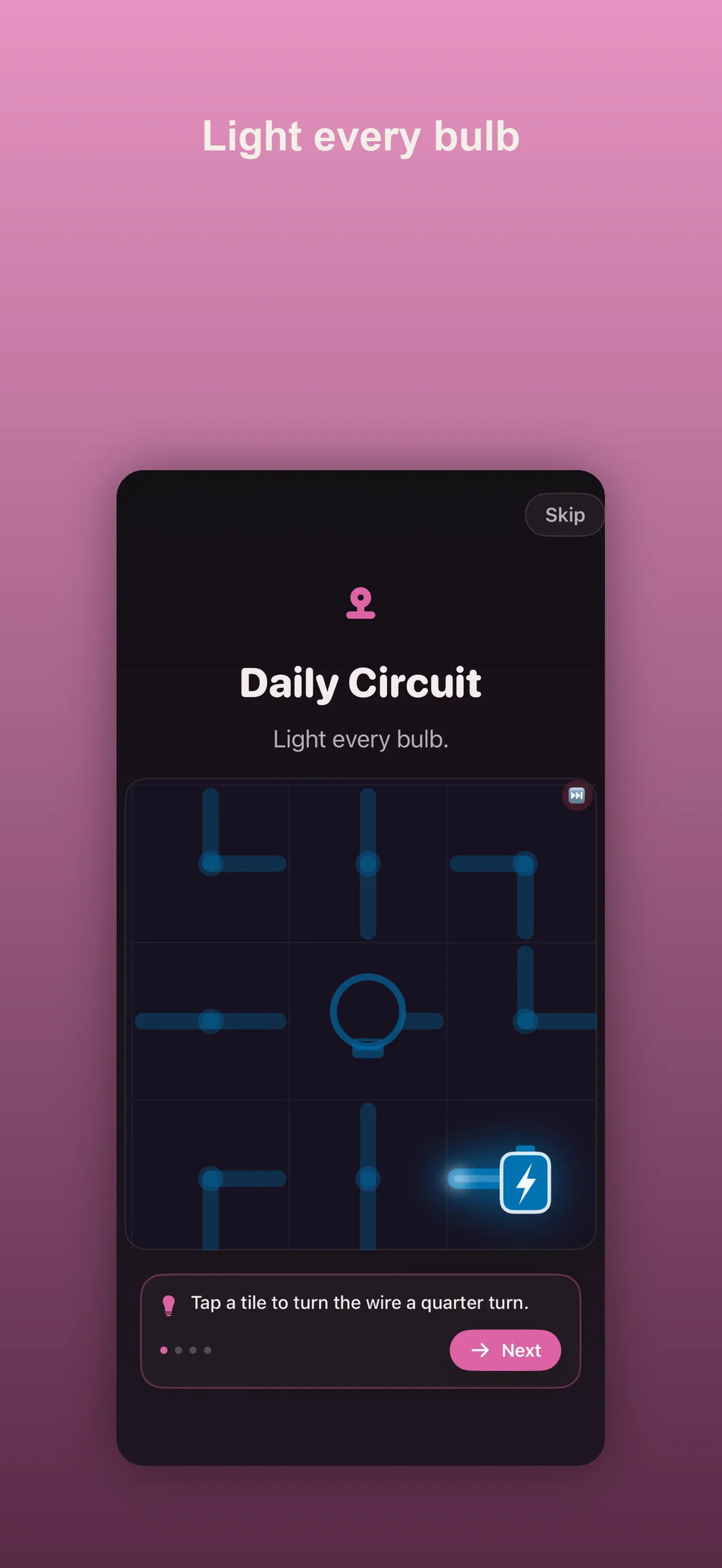 Daily Circuit's tutorial board with a battery, wire tiles and the hint to tap a tile to turn it