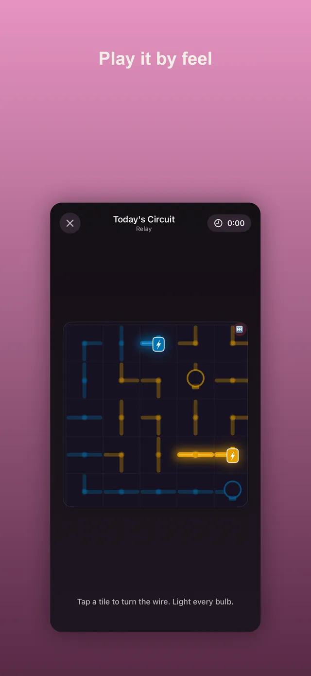 A Daily Circuit board in play: a grid of wire tiles with a lit yellow battery path, a bulb and a timer