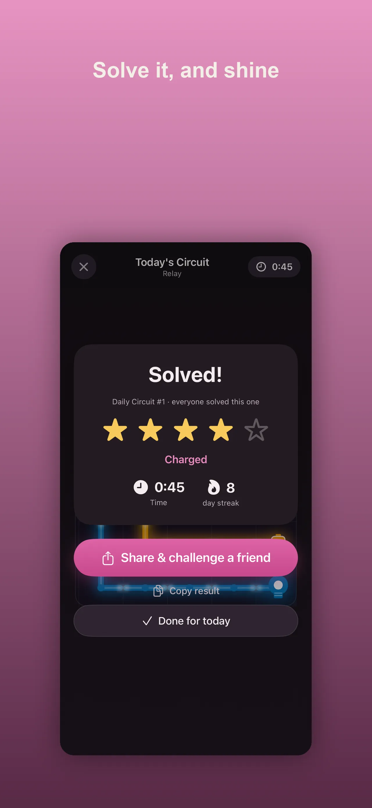 Daily Circuit's Solved card for Today's Circuit at Relay difficulty: four of five stars, Charged, a 0:45 time, an 8 day streak and a share button