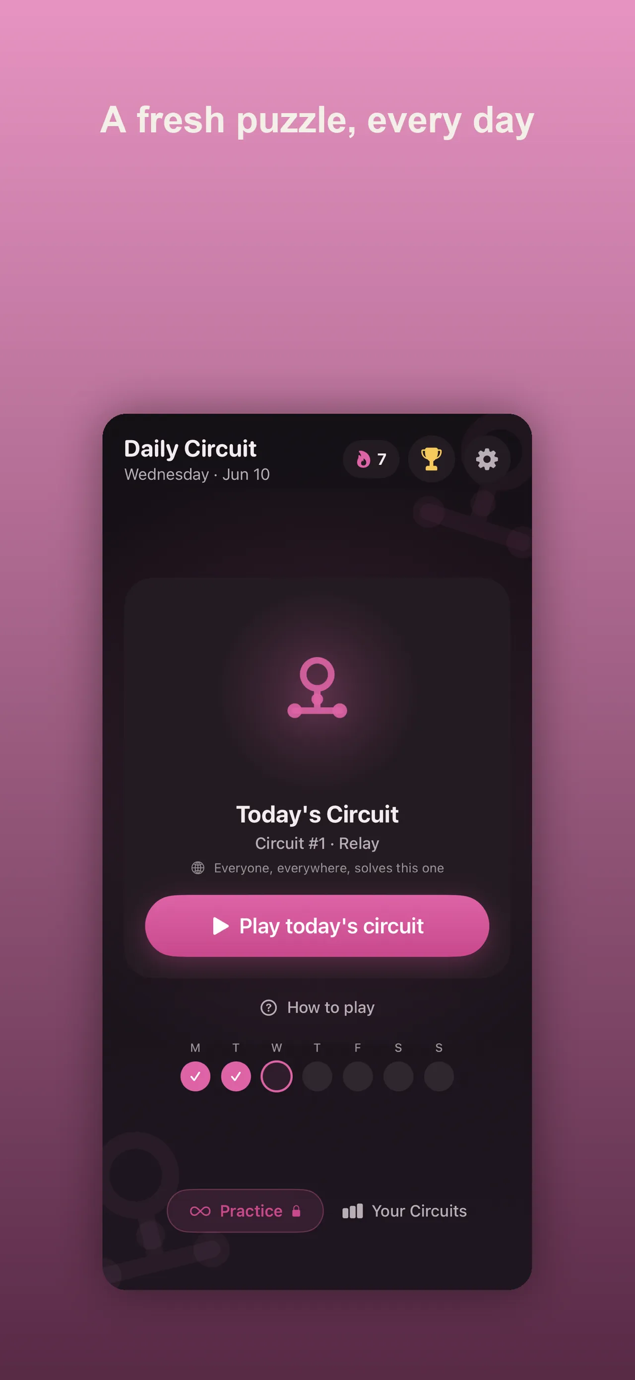 Daily Circuit's home screen with Today's Circuit #1, Relay difficulty, the week's progress and a Play button