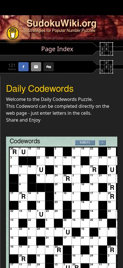 Daily Codewords #997 on a phone: the SudokuWiki header and welcome text above the numbered grid, whose right-hand columns run past the screen edge.