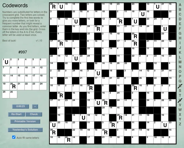 SudokuWiki Daily Codewords #997 board: a 17 by 19 numbered grid with the given letters U and R, the 1 to 26 key, timer, Check, Re-Start and Yesterday's Solution buttons and the A to Z list.