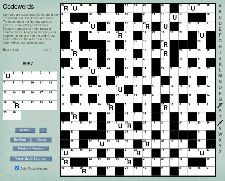 SudokuWiki Daily Codewords #997 board: a 17 by 19 numbered grid with the given letters U and R, the 1 to 26 key, timer, Check, Re-Start and Yesterday's Solution buttons and the A to Z list.