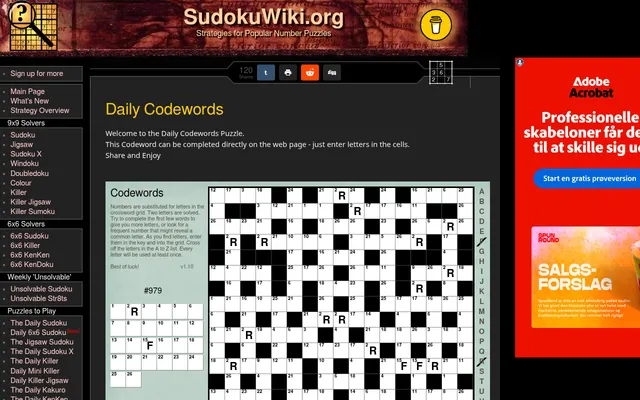 SudokuWiki Daily Codewords #979: a full crossword grid with a number in every white square and the given letters R and F filled in, beside the instructions, the 1 to 26 key and an A to Z list; an ad s