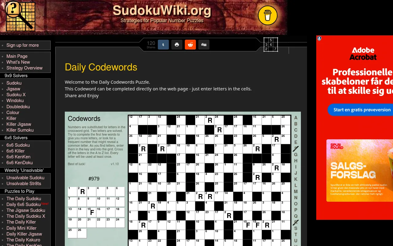 SudokuWiki Daily Codewords #979: a full crossword grid with a number in every white square and the given letters R and F filled in, beside the instructions, the 1 to 26 key and an A to Z list; an ad s