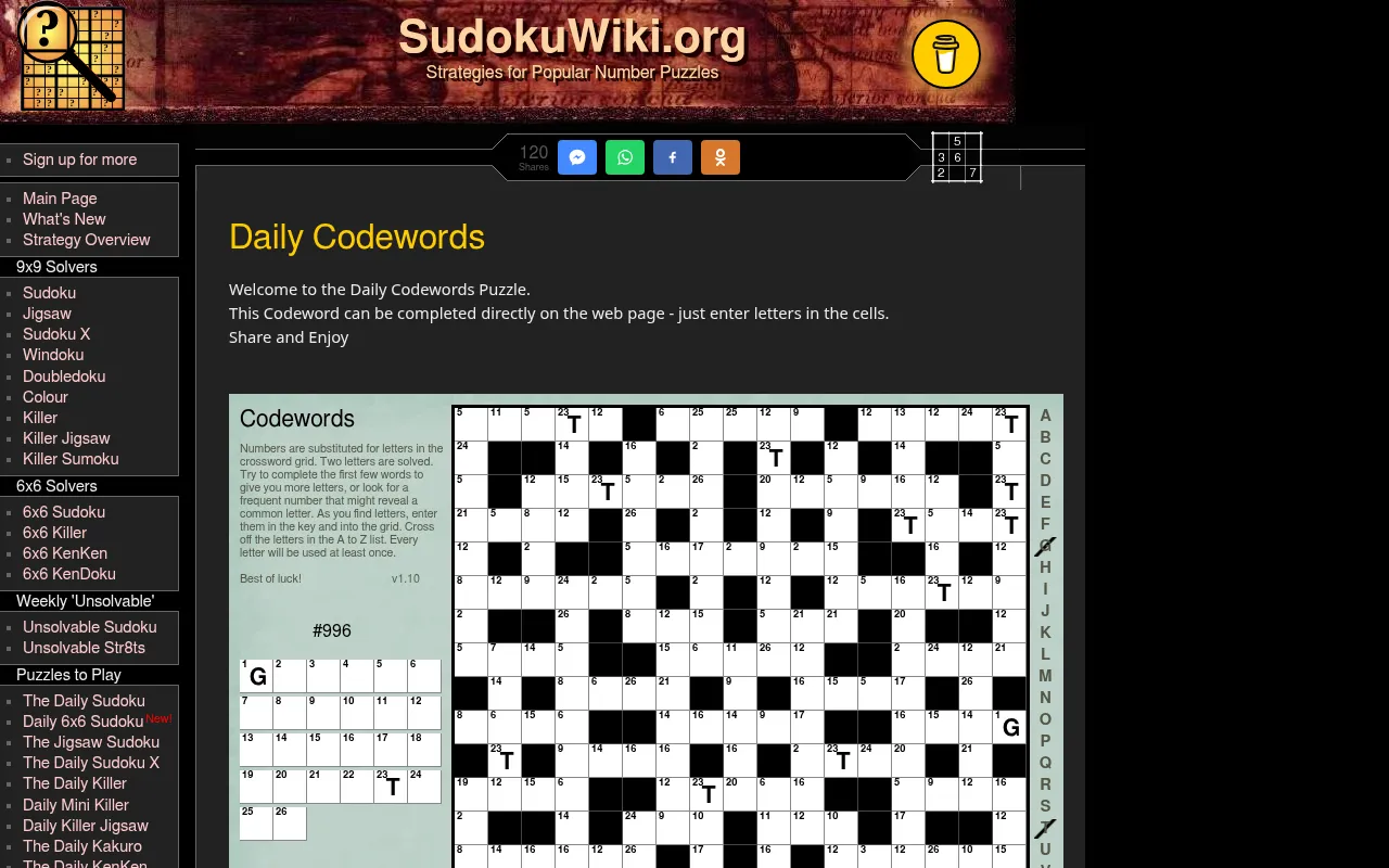 The Daily Codewords page on SudokuWiki.org at desktop size, with the site menu on the left and the day's codeword grid below the welcome text.