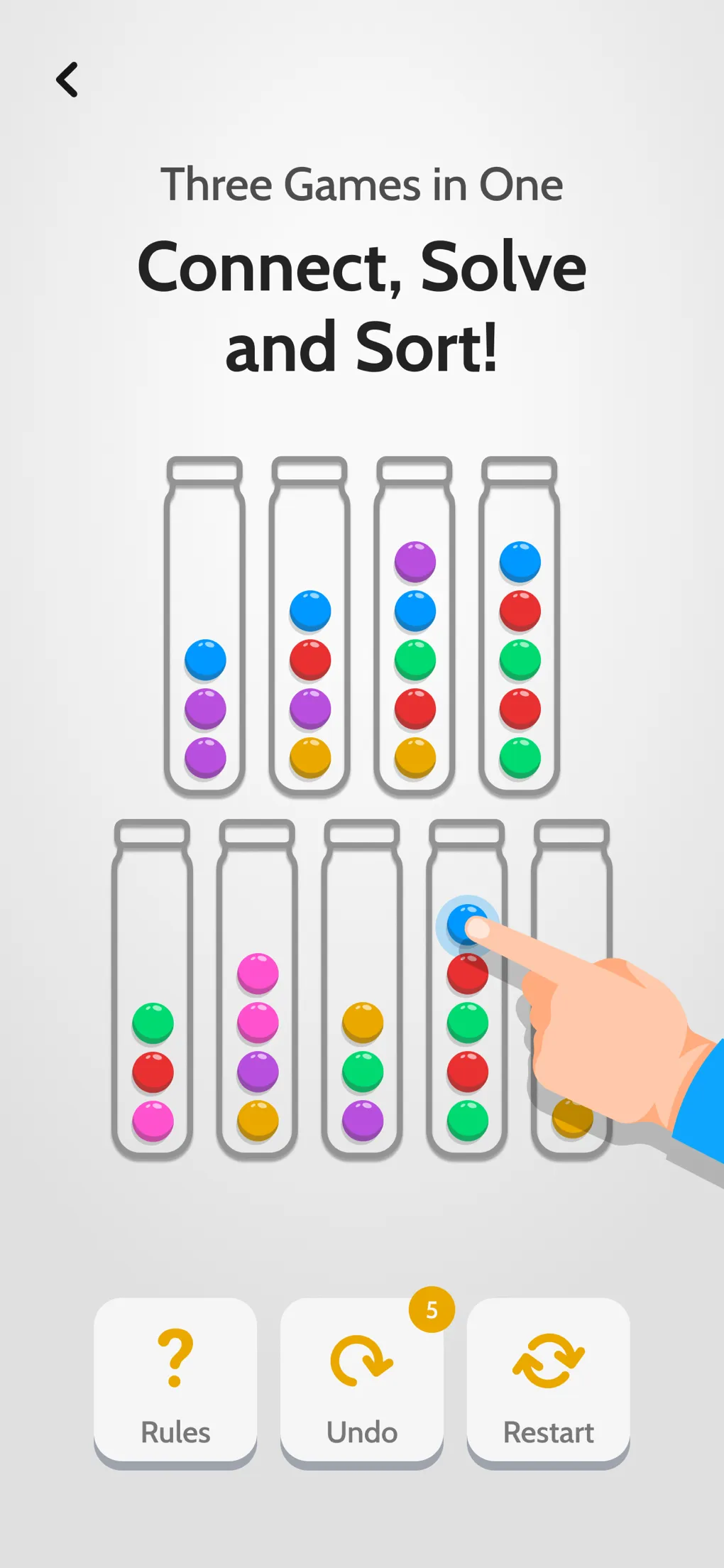 Daily Connect Puzzles store screenshot: a Ball Sort board of nine tubes of coloured balls, with Rules, Undo and Restart buttons