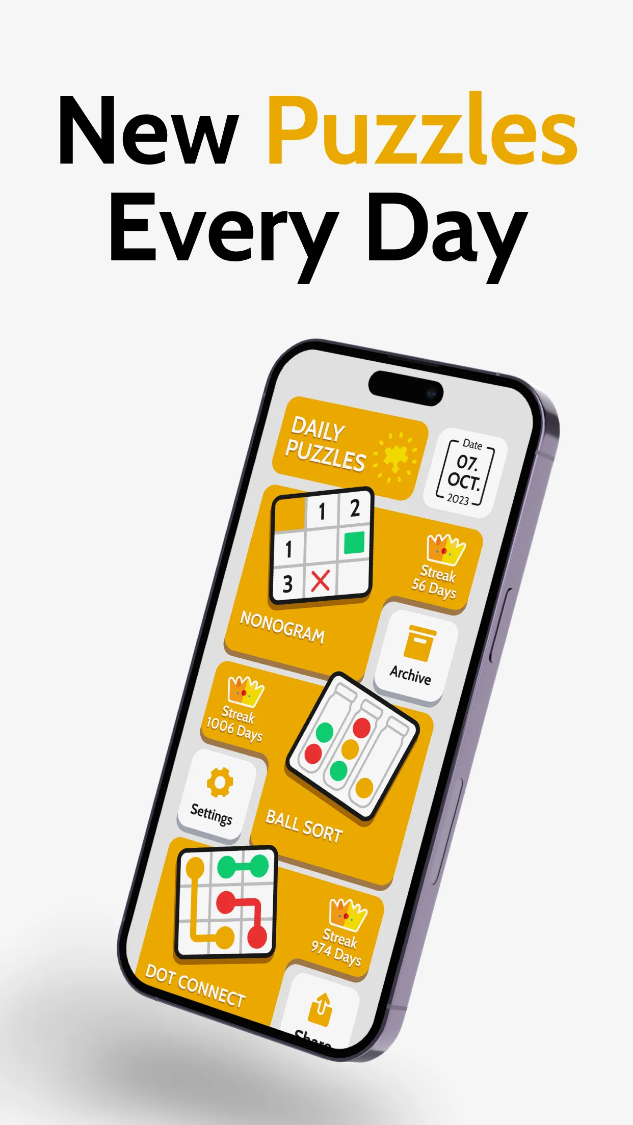 Daily Connect Puzzles store screenshot: the home screen dated 07 Oct 2023 with Nonogram, Ball Sort and Dot Connect cards and a streak on each