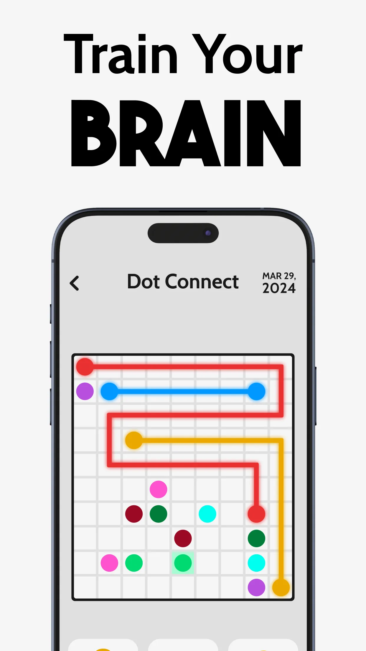 Daily Connect Puzzles store screenshot: a Dot Connect board dated Mar 29, 2024, with red, blue and yellow lines joining pairs of coloured dots, under Train your brain