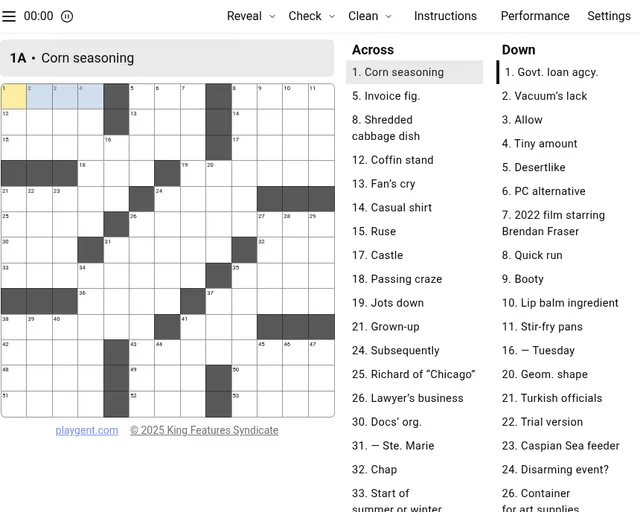 The Fox News Daily Crossword board for Sunday 18 October 2026: a 13 by 13 grid with its Across and Down clue lists and Reveal, Check and timer controls