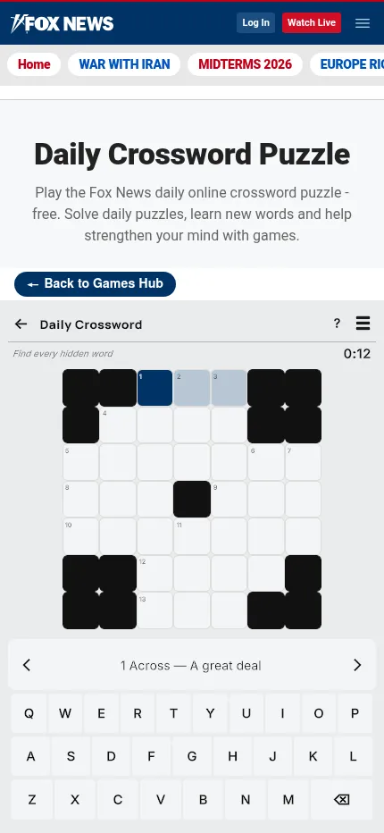 The Fox News Daily Crossword on a phone, with the 7x7 grid above the clue bar and keyboard