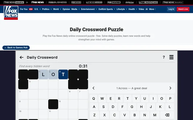 Fox News Daily Crossword on 26 October 2026: the 7x7 grid with LOT typed into 1 Across for the clue "A great deal", with the clue bar and on-screen keyboard