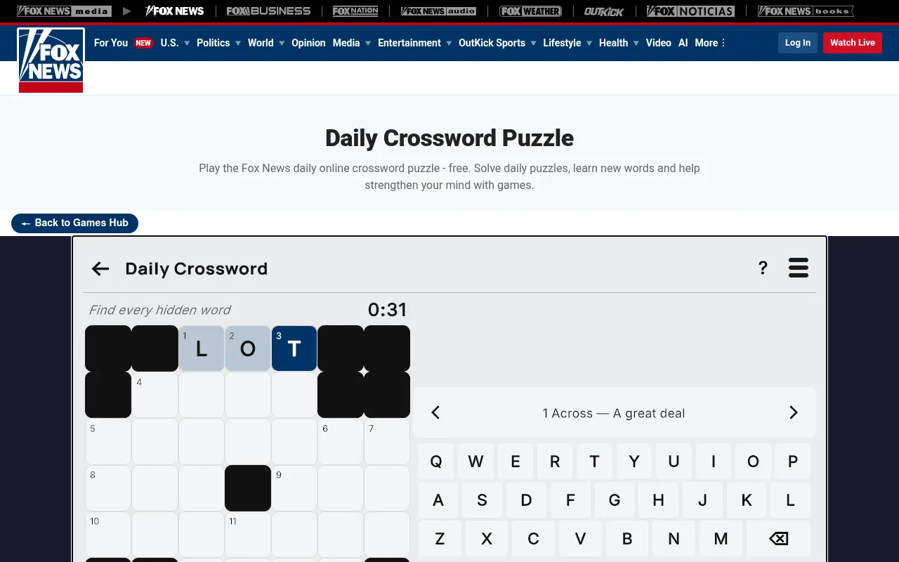 Fox News Daily Crossword on 26 October 2026: the 7x7 grid with LOT typed into 1 Across for the clue "A great deal", with the clue bar and on-screen keyboard
