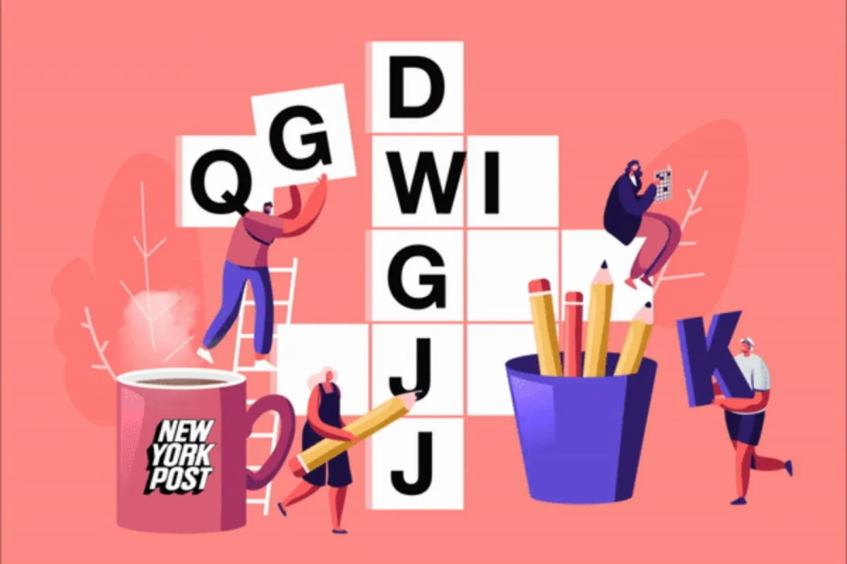 Illustration of people carrying letter tiles to a crossword grid beside a New York Post mug and a pot of pencils