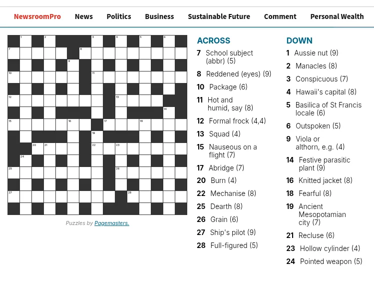 Newsroom daily crossword for 7 October: an empty 15 by 15 grid beside the Across and Down clues, from 'School subject (abbr) (5)' to 'Pointed weapon (5)', with 'Puzzles by Pagemasters' under the grid