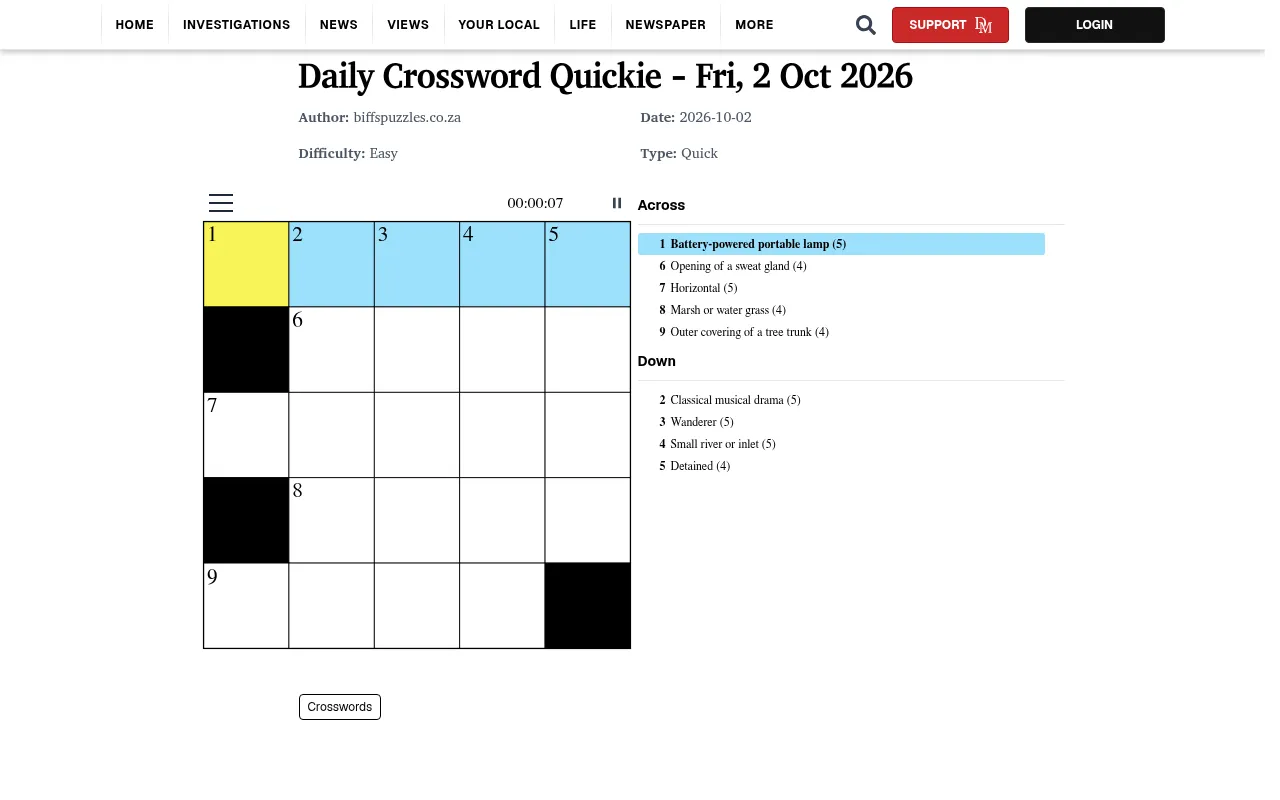 Daily Crossword Quickie for Fri, 2 Oct 2026: an empty 5x5 grid with four black squares, a timer, and five across and four down clues such as Battery-powered portable lamp (5)