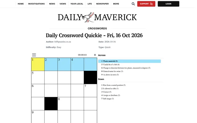 Daily Crossword Quickie for Fri, 16 Oct 2026: an empty five by five grid with two black squares, a running timer and the across and down clues beside it