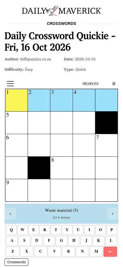 The same Daily Crossword Quickie on a phone: the grid above the current clue, Waste material (5), and an on-screen keyboard