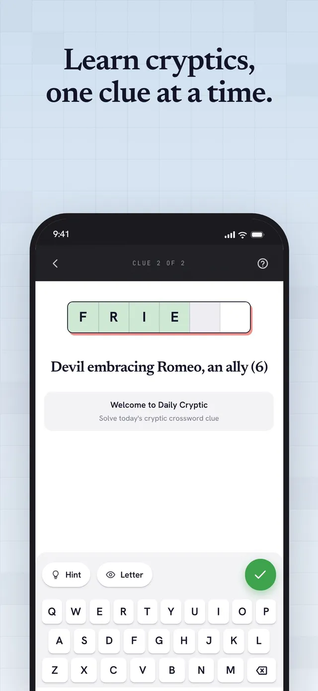 Daily Cryptic on iPhone: the clue Devil embracing Romeo, an ally (6) with FRIE typed into the answer boxes, Hint and Letter buttons and a keyboard, under Learn cryptics, one clue at a time.