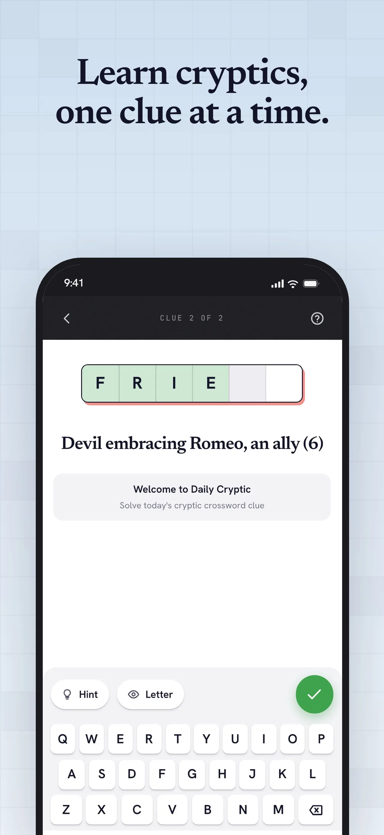 Daily Cryptic on iPhone: the clue Devil embracing Romeo, an ally (6) with FRIE typed into the answer boxes, Hint and Letter buttons and a keyboard, under Learn cryptics, one clue at a time.