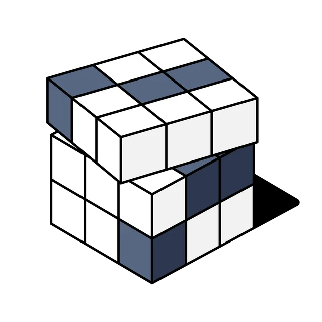 The Daily Cryptic illustration: a twisted cube of white and blue crossword squares