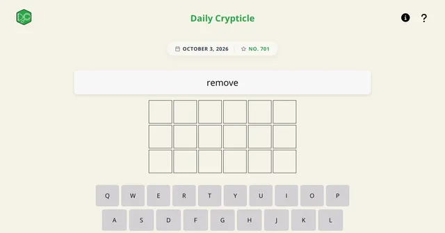 Daily Crypticle puzzle No. 701 for October 3, 2026, with the clue above three rows of six empty tiles and an on-screen keyboard