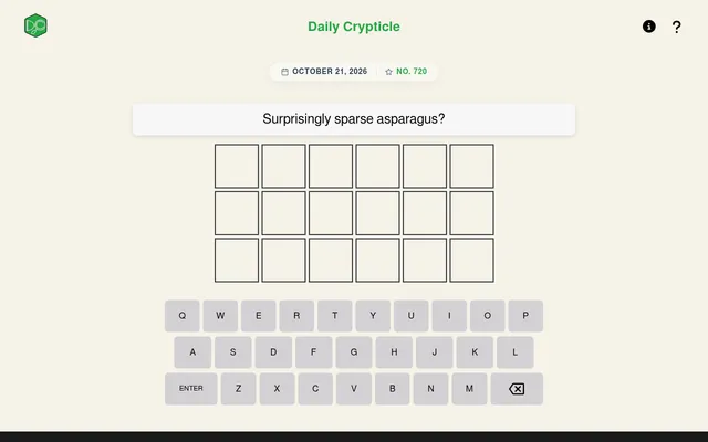 Daily Crypticle No. 720 for October 21, 2026: the clue 'Surprisingly sparse asparagus?' above three empty rows of six tiles and the on-screen keyboard