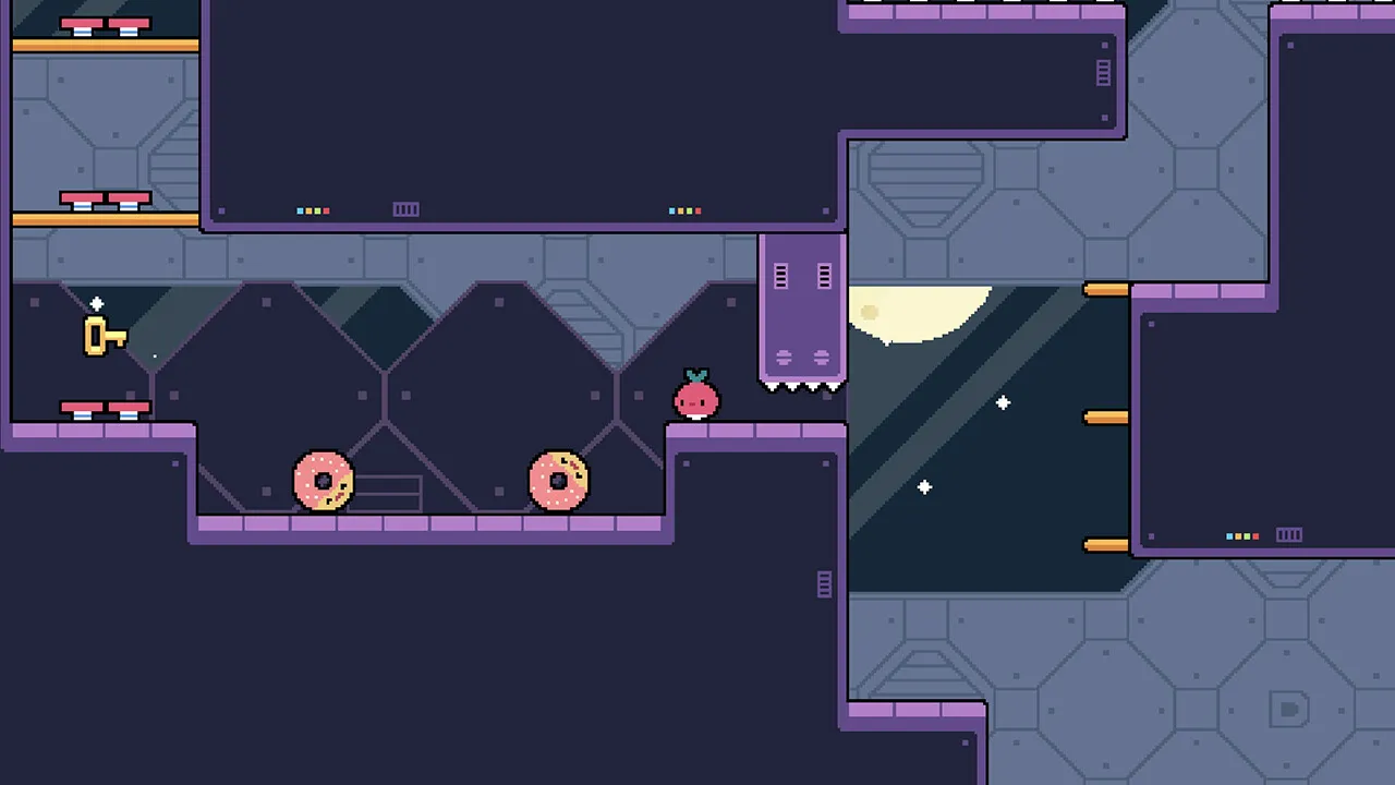 Daily Dadish: a dark space station level with donut enemies, a key and a moon in the window
