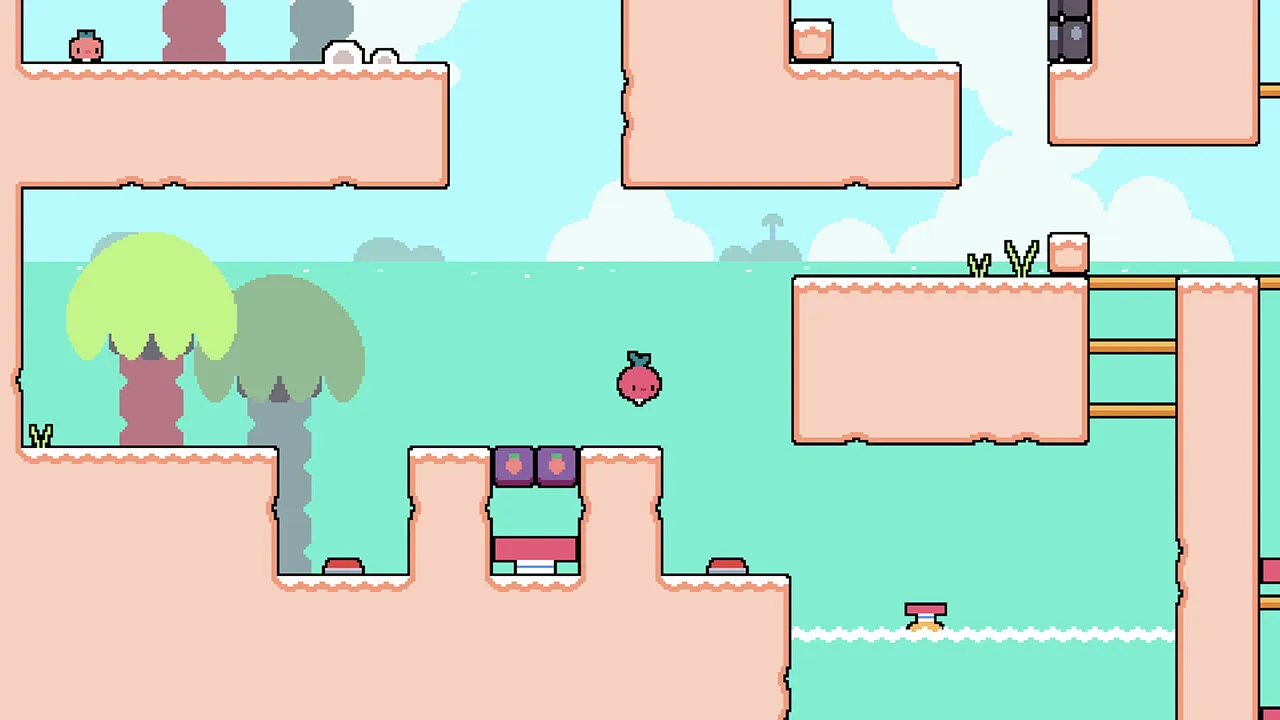 Daily Dadish: a pink beach level of sand platforms and springs with Dadish jumping over the sea
