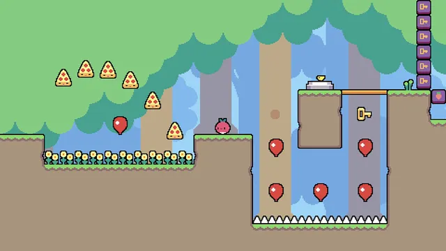 Daily Dadish: Dadish the radish in a forest level with pizza slices, red balloons, a key and a spike pit