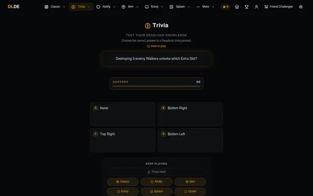 Daily Deadlock's Trivia mode in play: today's question asks which Extra Slot destroying three enemy Walkers unlocks, with four answers and two guesses
