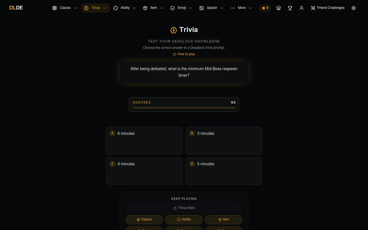 Daily Deadlock's Trivia board for 20 October 2026: the question asks the minimum Mid-Boss respawn timer, with four answers from 3 to 6 minutes and two guesses