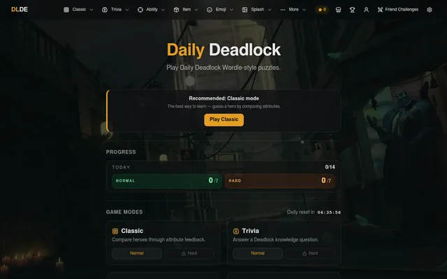 The Daily Deadlock home screen: a Play Classic button, today's progress at 0 of 7 in Normal and Hard, the daily reset countdown and the Classic and Trivia mode cards over Deadlock art