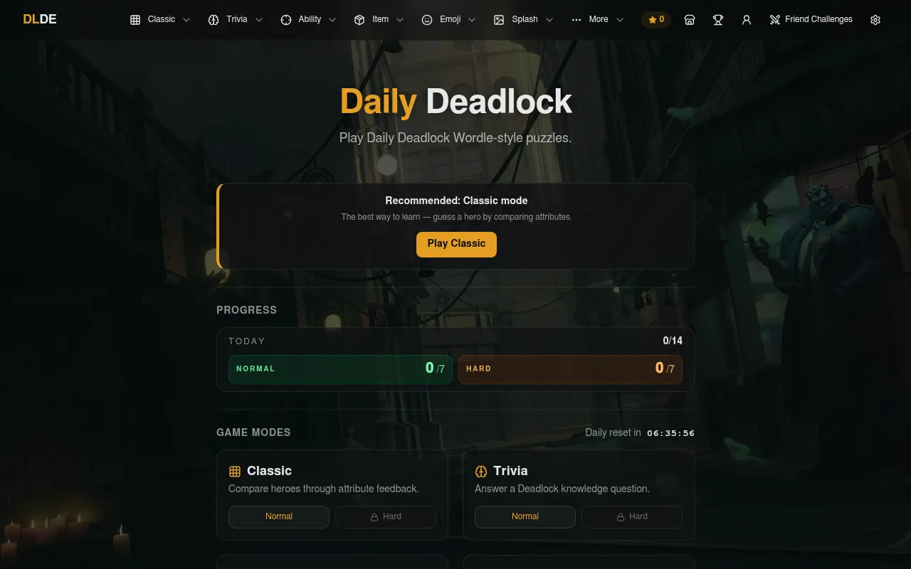 The Daily Deadlock home screen: a Play Classic button, today's progress at 0 of 7 in Normal and Hard, the daily reset countdown and the Classic and Trivia mode cards over Deadlock art