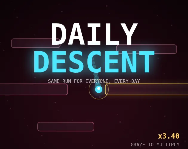 Daily Descent cover art: the title over a cyan orb grazing a yellow-edged block, with the line Same run for everyone, every day and an x3.40 multiplier