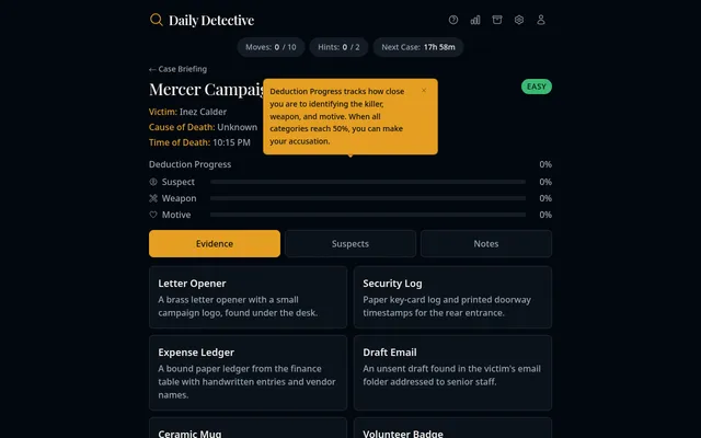 A Daily Detective case in progress: moves and hints counters, the deduction meter and evidence cards
