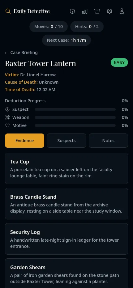 Daily Detective on a phone: the Baxter Tower Lantern case with the deduction meter and evidence cards in one column