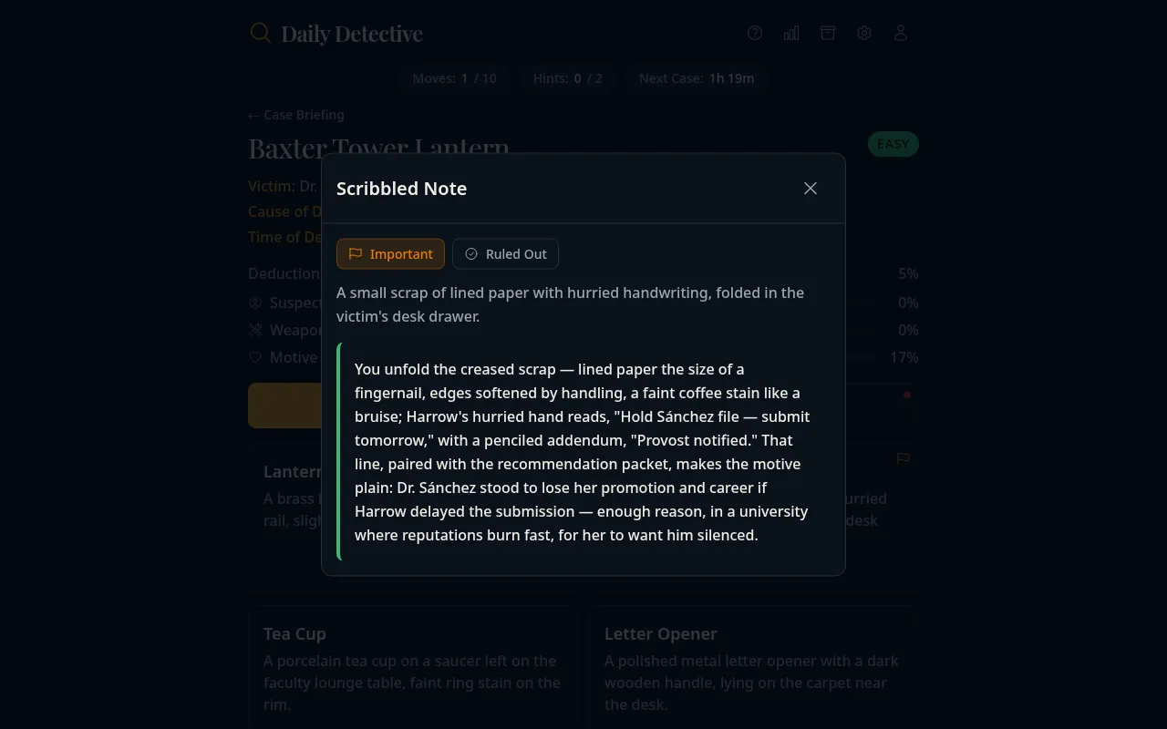 Daily Detective after one move: the examined Scribbled Note opens a written account of the clue, with Important and Ruled Out flags