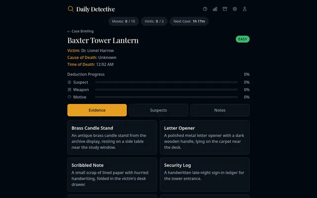 Daily Detective board for the Baxter Tower Lantern case: moves and hints counters, the deduction meter for suspect, weapon and motive, and evidence cards