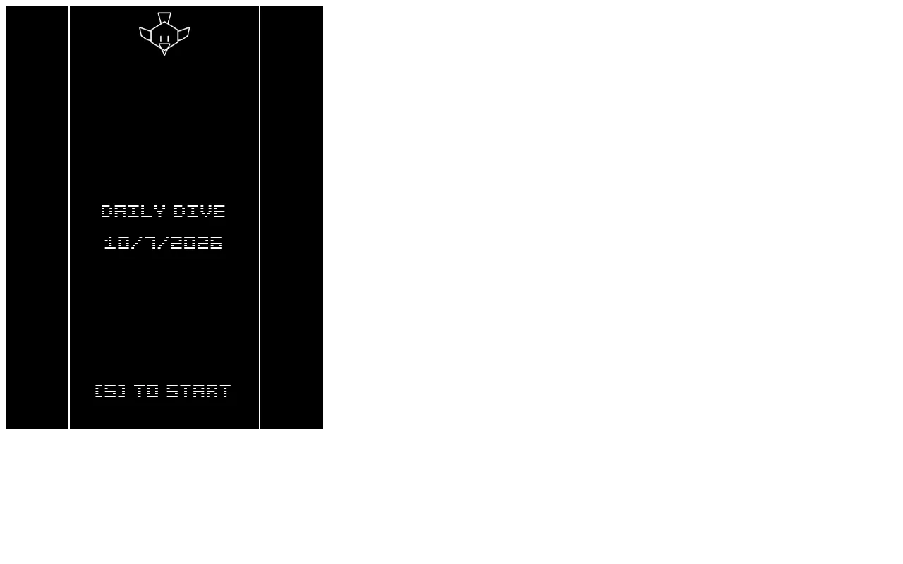 The Daily Dive title screen for 10/7/2026: a white line-drawn bird at the top of a narrow black cliff course, the title and [S] to start