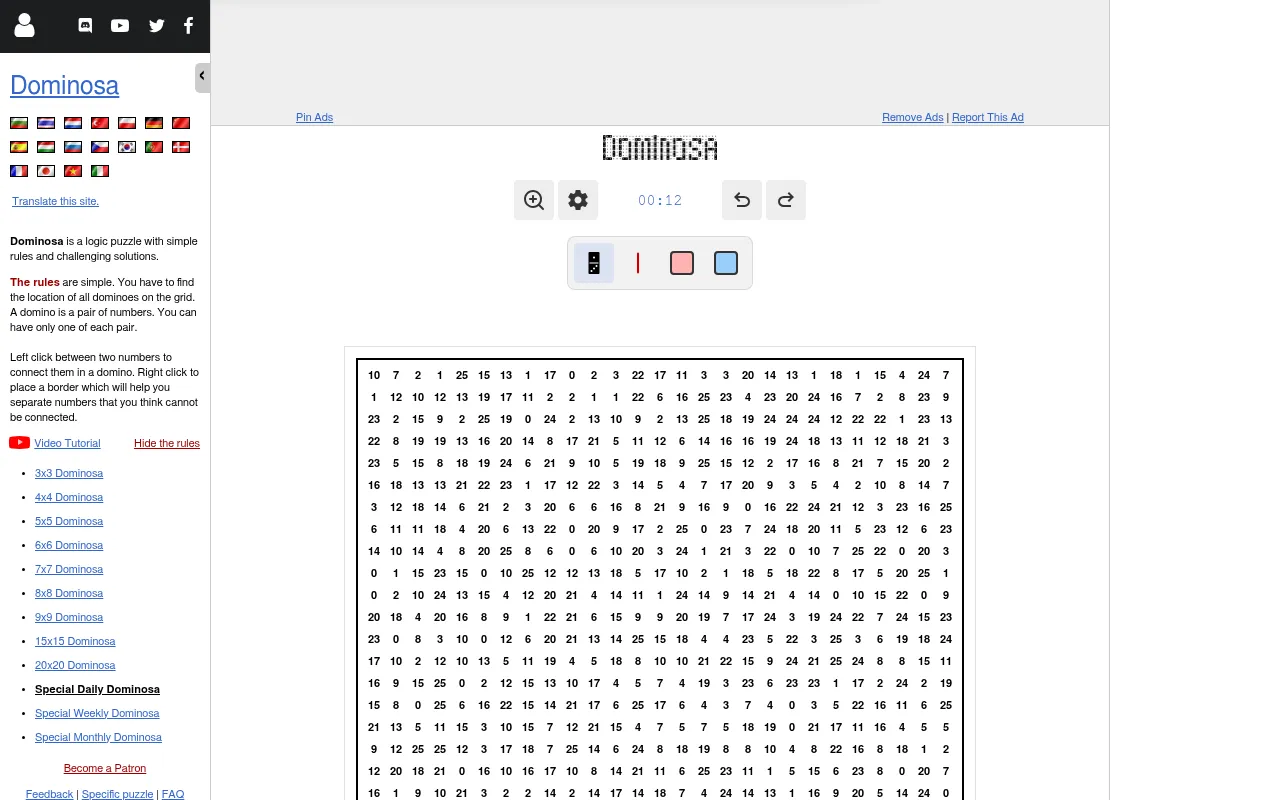 The daily Dominosa page on a desktop: rules in the side menu, the timer and tool buttons above the large number grid