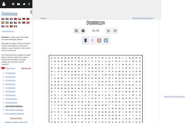 The Special Daily Dominosa on puzzle-dominosa.com: a large grid of numbers to be paired into dominoes, with the drawing tools above and the rules in the side panel