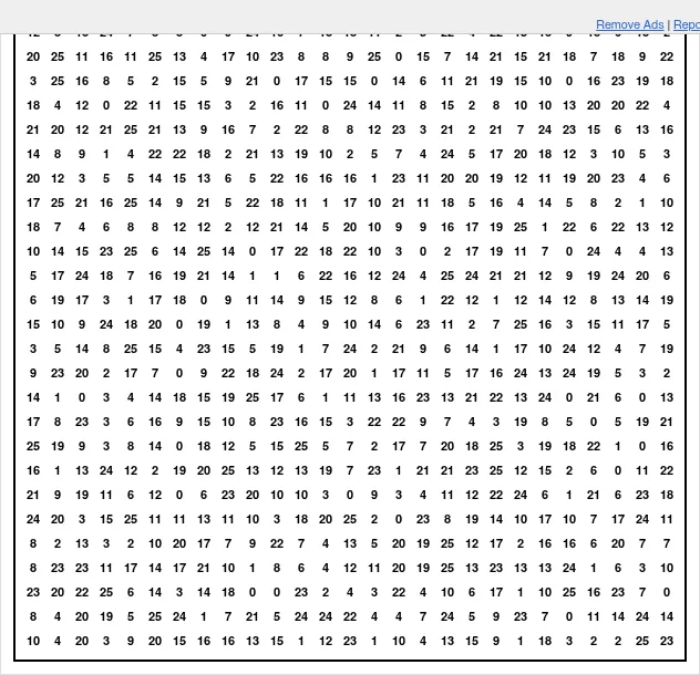 The Special Daily Dominosa on puzzle-dominosa.com: a large grid of numbers to split into dominoes, each pair used once
