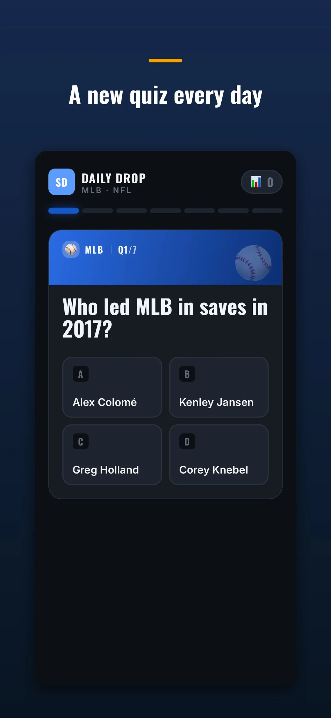 Daily Drop question 1 of 7, MLB: Who led MLB in saves in 2017, with four player names to choose from