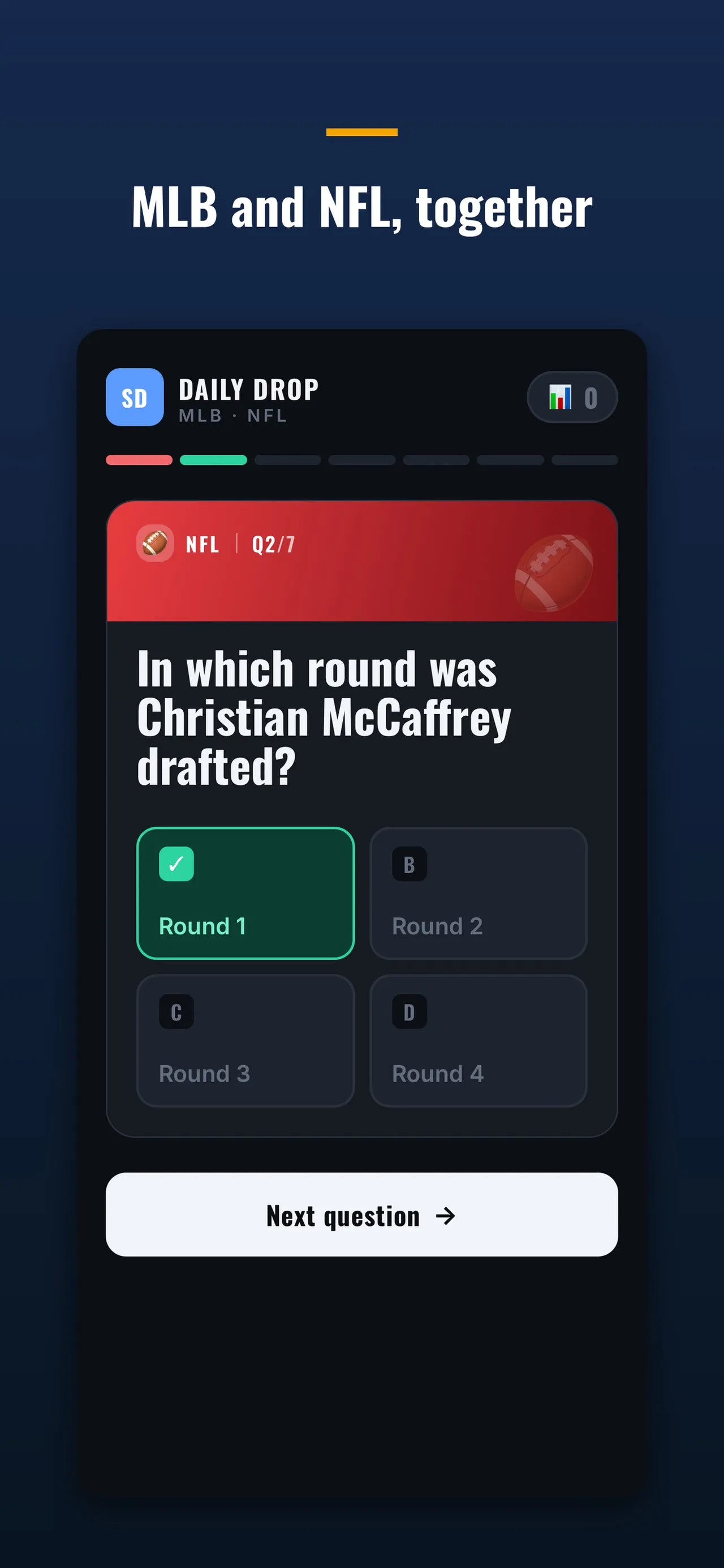 Daily Drop NFL question 2 of 7: in which round was Christian McCaffrey drafted, with Round 1 picked from four choices