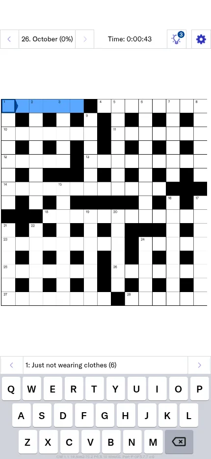 The Crusader Crossword of 26 October 2026 at phone size: the grid, the first clue in a bar and the game's own on-screen keyboard