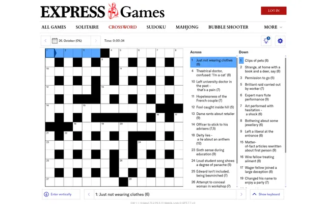 The Crusader Crossword of 26 October 2026 on a desktop: an empty 15 by 15 cryptic grid with the Across and Down clue lists, a timer and a hint button