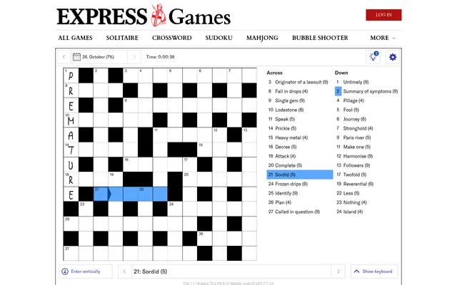 The Daily Express Quick Crossword for 26 October: a 13 by 13 grid with one answer filled in and the across and down clue lists beside it